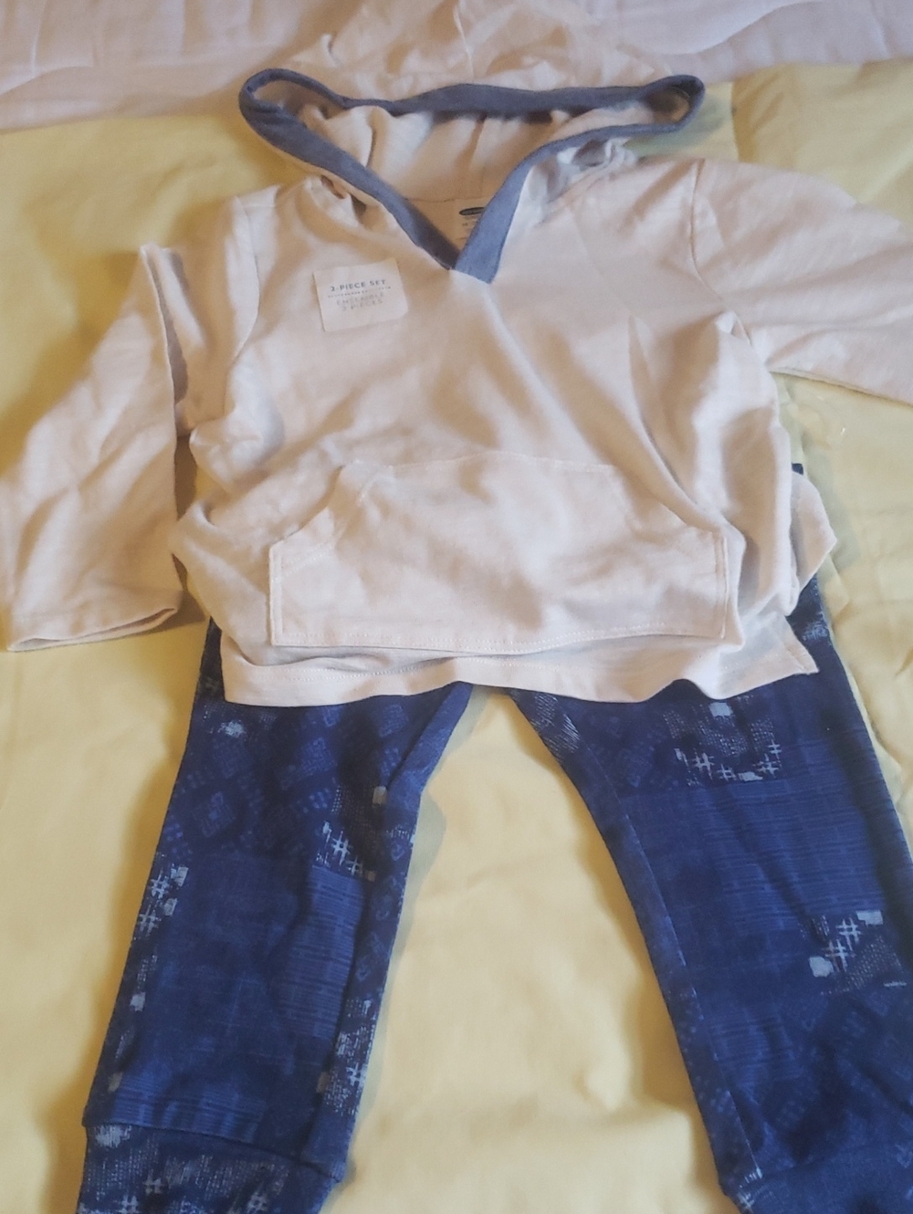 Old Navy Cream Hoodie with Navy Blue Patterned Leggings